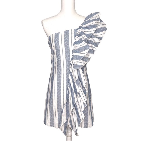 Romeo & Juliet Couture One Shoulder Ruffle Dress White Blue Striped Size S NWT - Picture 3 of 13